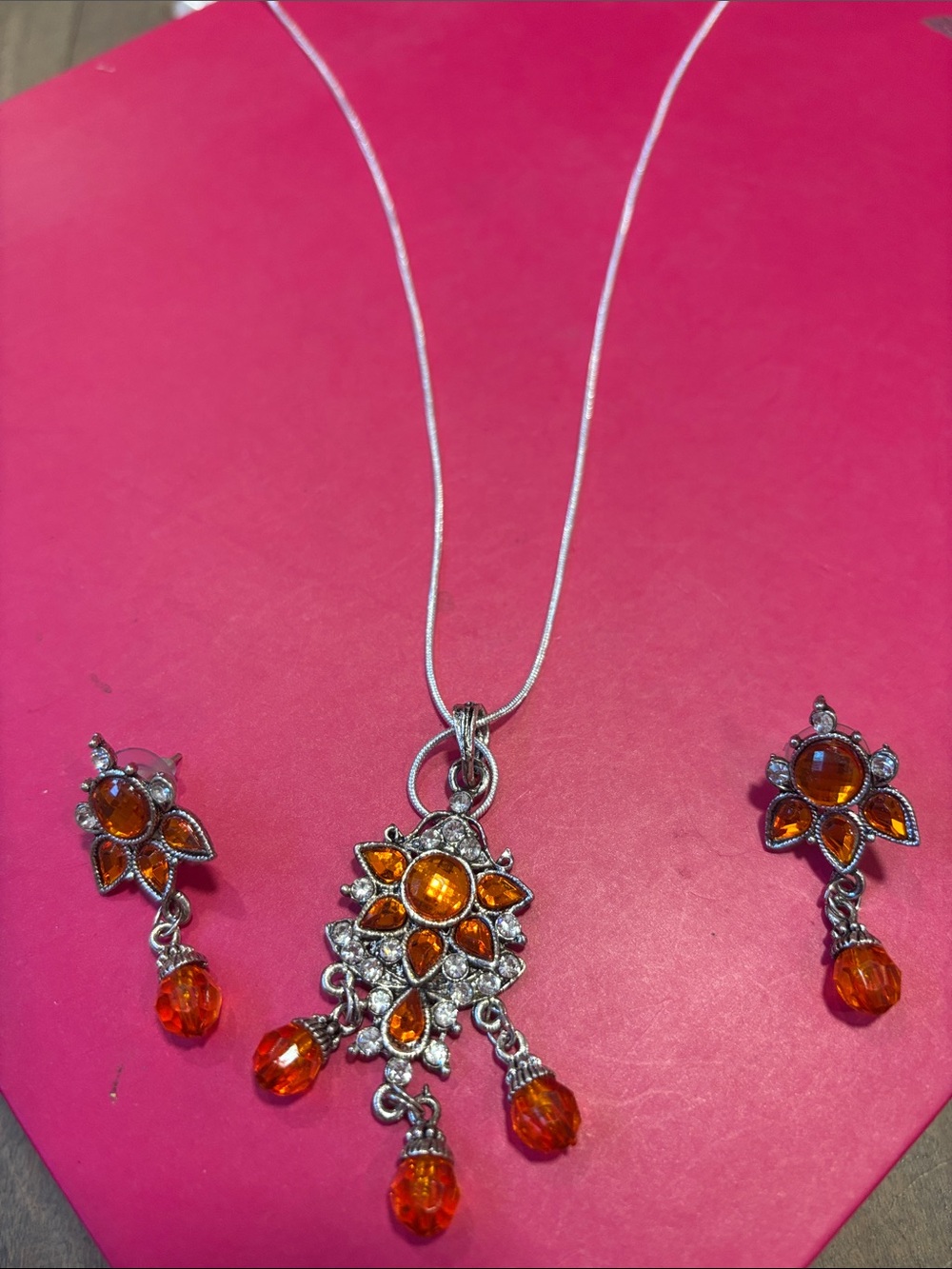 Silver Floral Pendant Necklace with Amber Crystal Drops